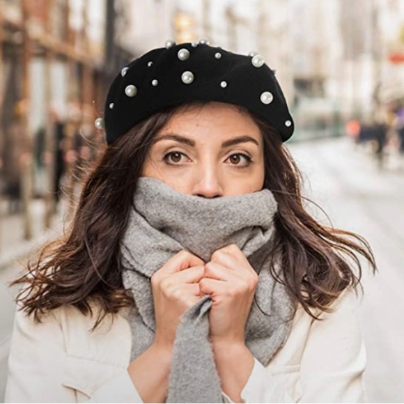 Cashmere Beret (Beaded) in Ivory or Black with White Simulated Pearls main image 15